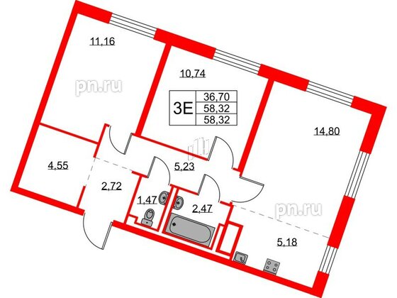 Квартира в ЖК Квартал Лаголово, 2 комнатная, 58.32 м², 8 этаж