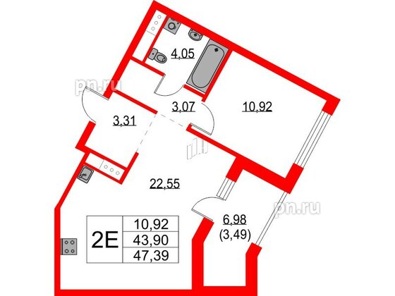 Квартира в ЖК Glorax Балтийская, 1 комнатная, 47.39 м², 4 этаж