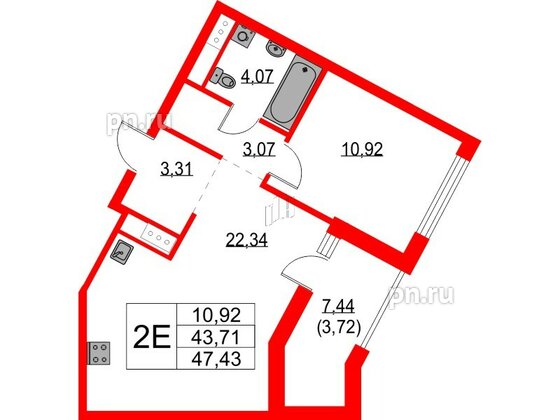 Квартира в ЖК Glorax Балтийская, 1 комнатная, 47.43 м², 7 этаж