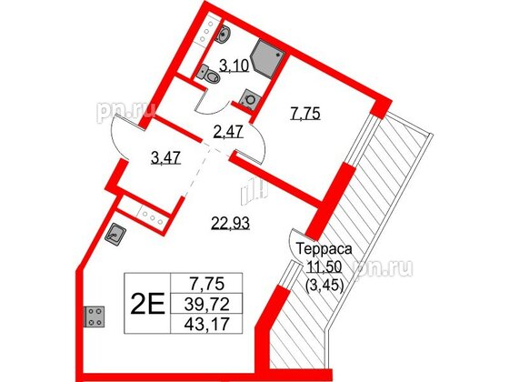 Квартира в ЖК Glorax Балтийская, 1 комнатная, 43.17 м², 8 этаж