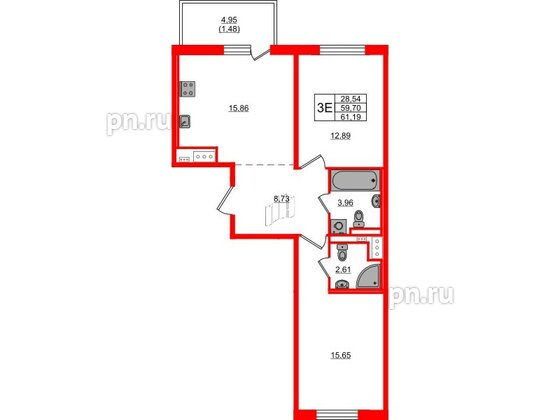 Квартира в ЖК 'OKLA', 2 комнатная, 61.19 м², 3 этаж