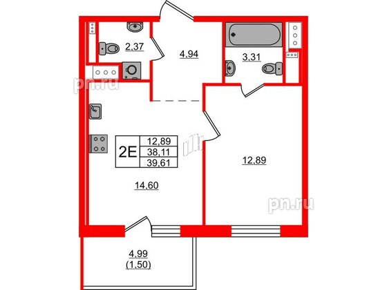 Квартира в ЖК 'OKLA', 1 комнатная, 39.61 м², 5 этаж