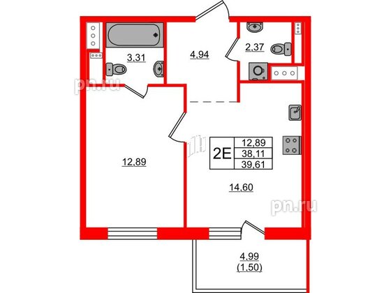 Квартира в ЖК 'OKLA', 1 комнатная, 39.61 м², 5 этаж