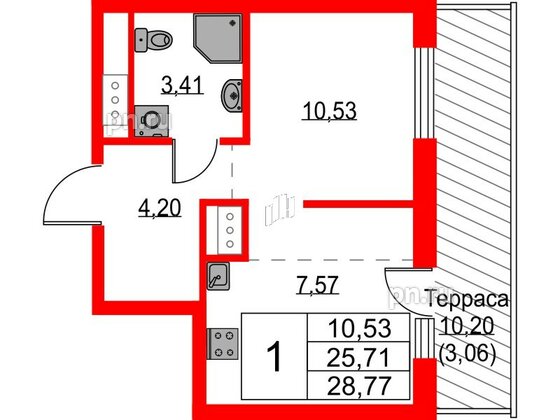 Квартира в ЖК Glorax Балтийская, 1 комнатная, 28.77 м², 8 этаж