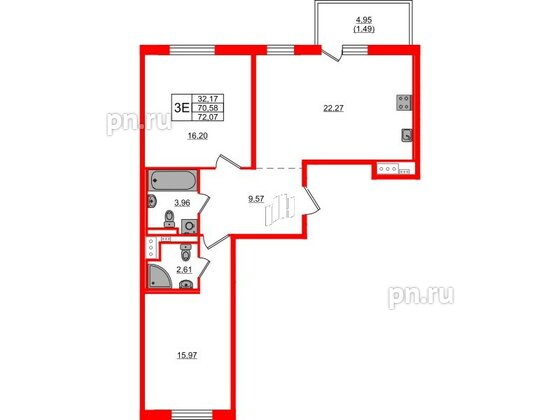 Квартира в ЖК 'OKLA', 2 комнатная, 72.07 м², 2 этаж