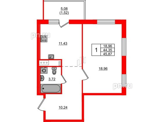 Квартира в ЖК 'OKLA', 1 комнатная, 45.87 м², 2 этаж