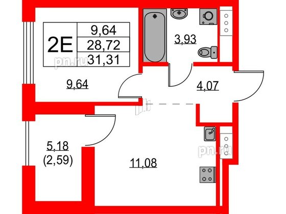 Квартира в ЖК Glorax Балтийская, 1 комнатная, 31.31 м², 8 этаж