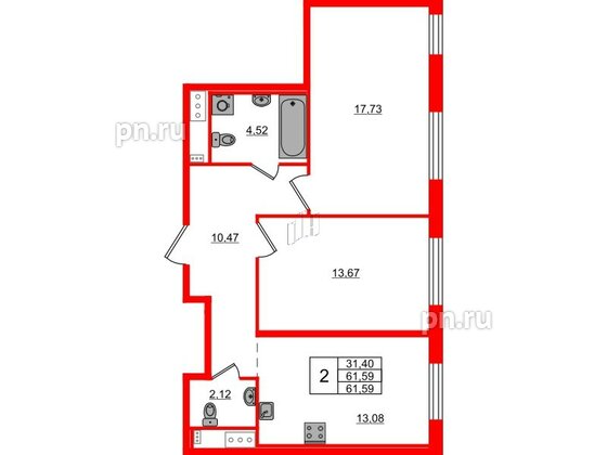 Квартира в ЖК 'OKLA', 2 комнатная, 61.59 м², 2 этаж