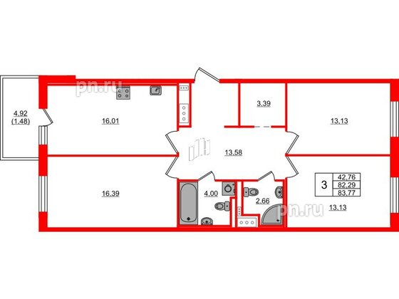 Квартира в ЖК 'OKLA', 3 комнатная, 83.77 м², 2 этаж