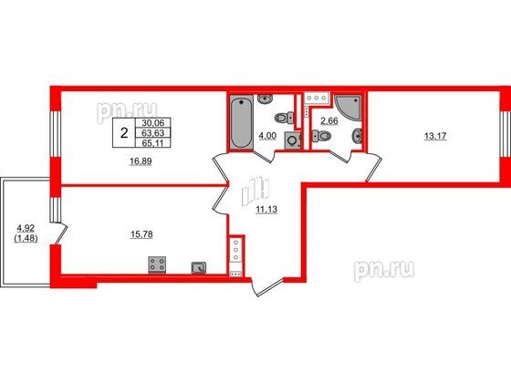 Квартира в ЖК 'OKLA', 2 комнатная, 65.11 м², 2 этаж