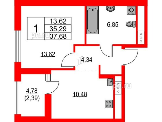 Квартира в ЖК Glorax Балтийская, 1 комнатная, 37.68 м², 7 этаж