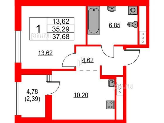 Квартира в ЖК Glorax Балтийская, 1 комнатная, 37.68 м², 8 этаж