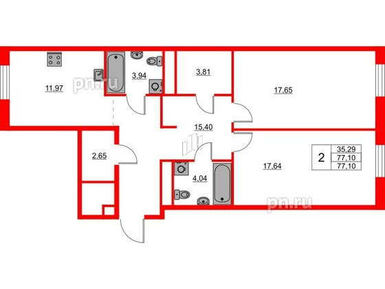 Квартира в ЖК Glorax Балтийская, 2 комнатная, 77.1 м², 2 этаж