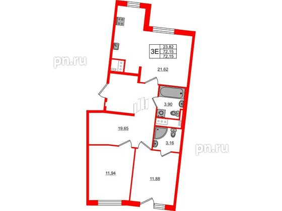 Квартира в ЖК 'OKLA', 2 комнатная, 72.15 м², 1 этаж