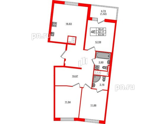 Квартира в ЖК 'OKLA', 3 комнатная, 83.59 м², 2 этаж