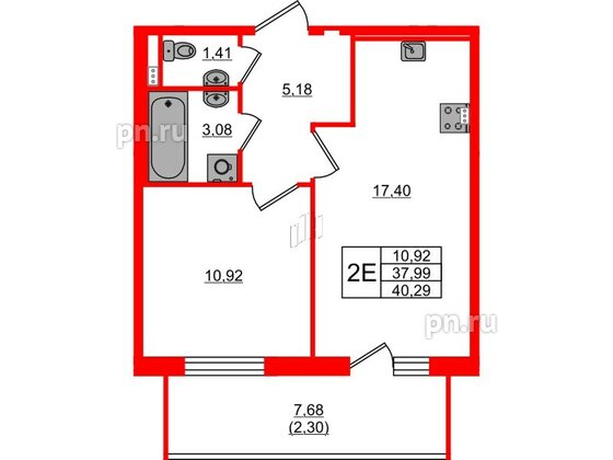 Квартира в ЖК 'OKLA', 1 комнатная, 40.29 м², 2 этаж