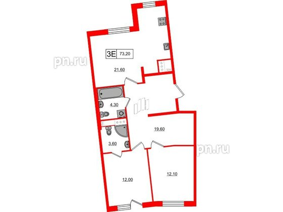 Квартира в ЖК 'OKLA', 2 комнатная, 72.15 м², 1 этаж