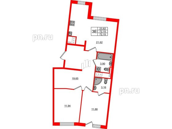 Квартира в ЖК 'OKLA', 2 комнатная, 72.15 м², 1 этаж