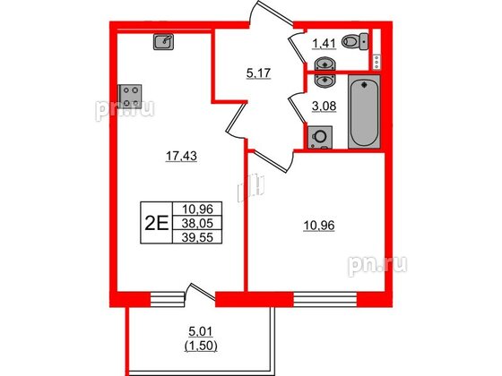 Квартира в ЖК 'OKLA', 1 комнатная, 39.55 м², 2 этаж