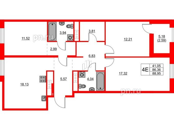 Квартира в ЖК Glorax Балтийская, 3 комнатная, 88.95 м², 7 этаж