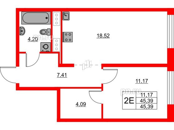 Квартира в ЖК Glorax Балтийская, 1 комнатная, 45.39 м², 5 этаж