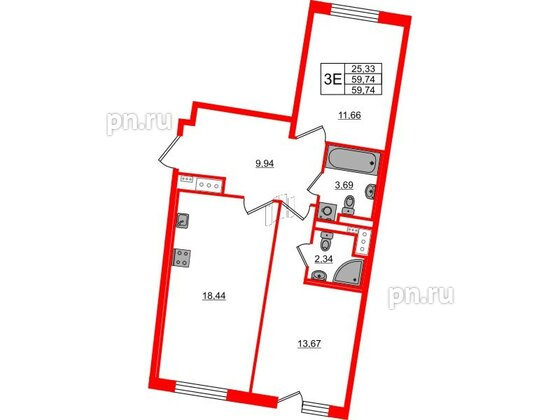 Квартира в ЖК 'OKLA', 2 комнатная, 59.74 м², 1 этаж