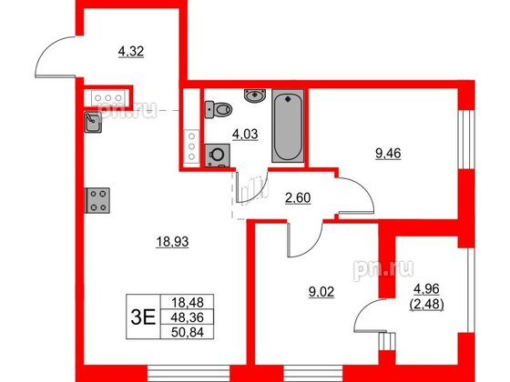 Квартира в ЖК Glorax Балтийская, 2 комнатная, 50.84 м², 7 этаж