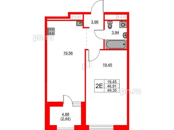 Квартира в ЖК Glorax Балтийская, 1 комнатная, 49.35 м², 3 этаж