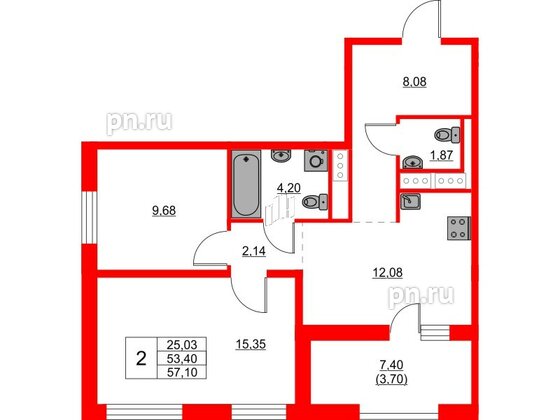 Квартира в ЖК Glorax Балтийская, 2 комнатная, 57.1 м², 7 этаж