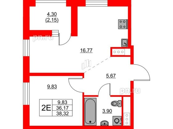 Квартира в ЖК Glorax Балтийская, 1 комнатная, 38.32 м², 7 этаж