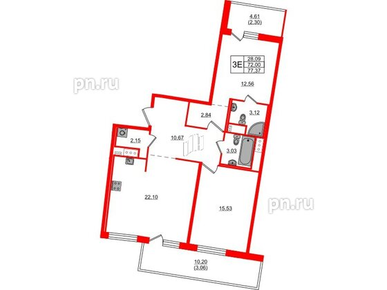 Квартира в ЖК 'OKLA', 2 комнатная, 77.37 м², 2 этаж