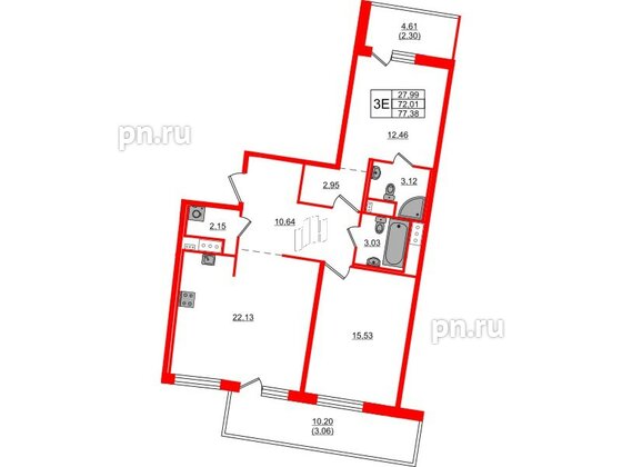 Квартира в ЖК 'OKLA', 2 комнатная, 77.38 м², 3 этаж