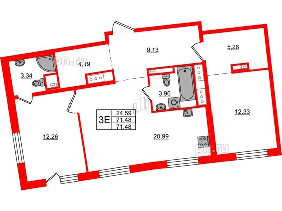 Квартира в ЖК 'OKLA', 2 комнатная, 71.48 м², 1 этаж