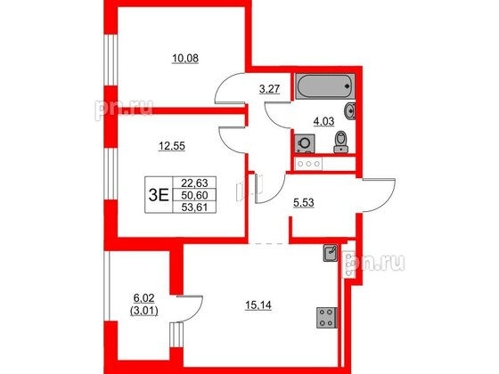 Квартира в ЖК Glorax Балтийская, 2 комнатная, 53.61 м², 9 этаж