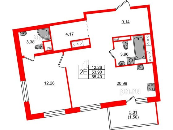 Квартира в ЖК 'OKLA', 1 комнатная, 55.4 м², 2 этаж