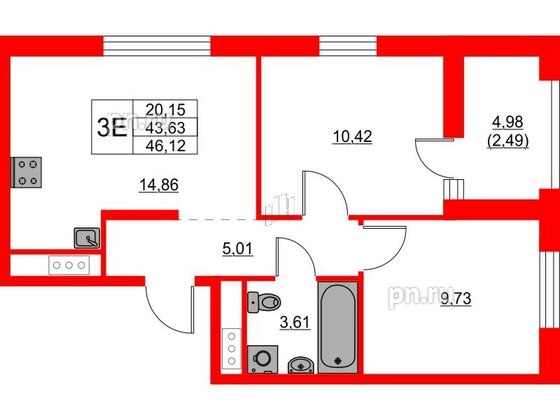 Квартира в ЖК Glorax Балтийская, 2 комнатная, 46.12 м², 8 этаж