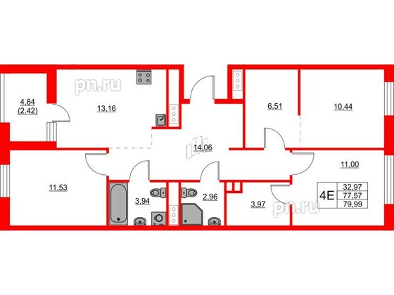 Квартира в ЖК Glorax Балтийская, 3 комнатная, 79.99 м², 7 этаж