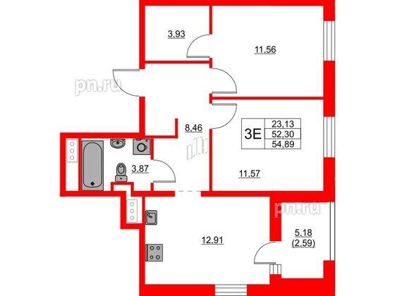 Квартира в ЖК Glorax Балтийская, 2 комнатная, 54.89 м², 9 этаж