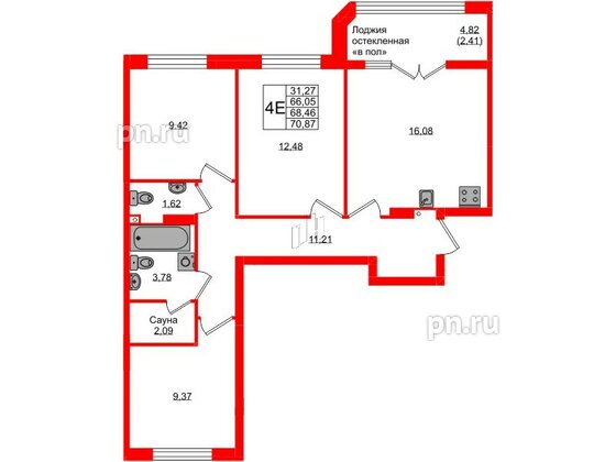 Квартира в ЖК «Консул», 3 комнатная, 68.46 м², 5 этаж