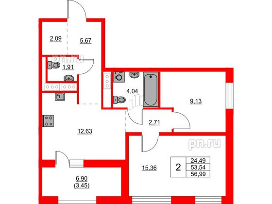 Квартира в ЖК Glorax Балтийская, 2 комнатная, 56.99 м², 7 этаж