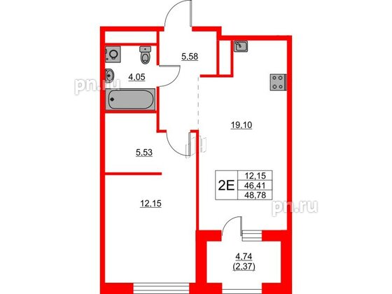 Квартира в ЖК Glorax Балтийская, 1 комнатная, 48.78 м², 2 этаж