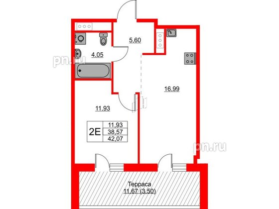 Квартира в ЖК Glorax Балтийская, 1 комнатная, 42.07 м², 5 этаж