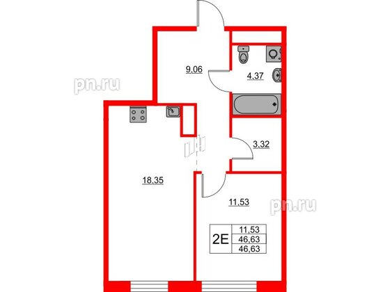 Квартира в ЖК Glorax Балтийская, 1 комнатная, 46.63 м², 2 этаж