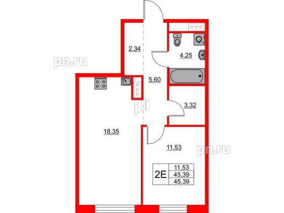 Квартира в ЖК Glorax Балтийская, 1 комнатная, 45.39 м², 3 этаж