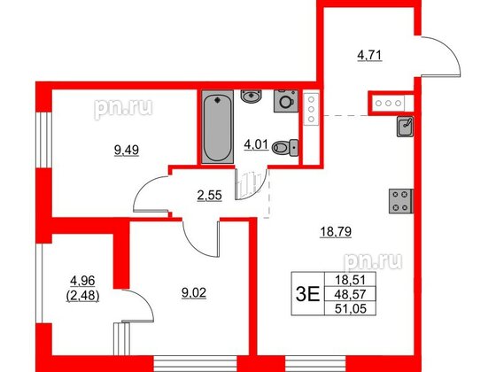 Квартира в ЖК Glorax Балтийская, 2 комнатная, 51.05 м², 7 этаж