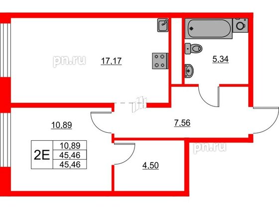 Квартира в ЖК Glorax Балтийская, 1 комнатная, 45.46 м², 2 этаж