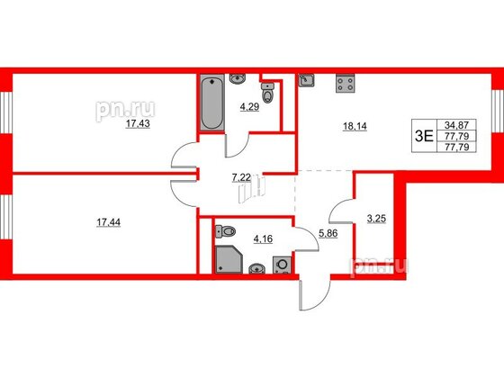 Квартира в ЖК Glorax Балтийская, 2 комнатная, 77.79 м², 2 этаж