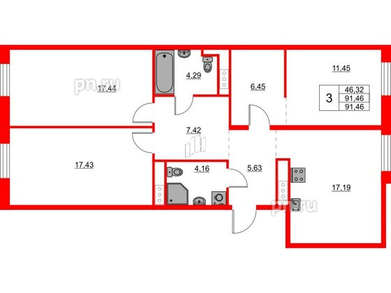 Квартира в ЖК Glorax Балтийская, 3 комнатная, 91.46 м², 5 этаж