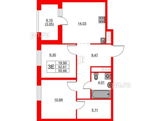 Квартира в ЖК Glorax Балтийская, 2 комнатная, 55.66 м², 9 этаж