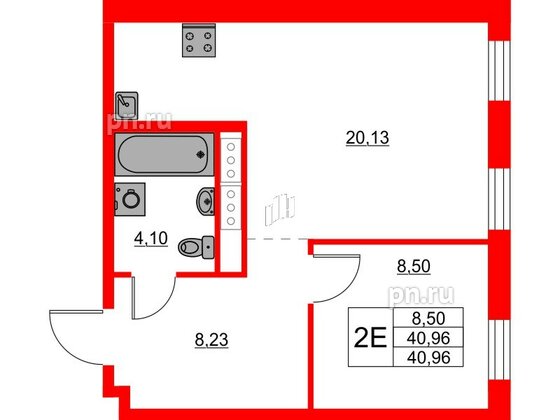 Квартира в ЖК Glorax Балтийская, 1 комнатная, 40.96 м², 3 этаж